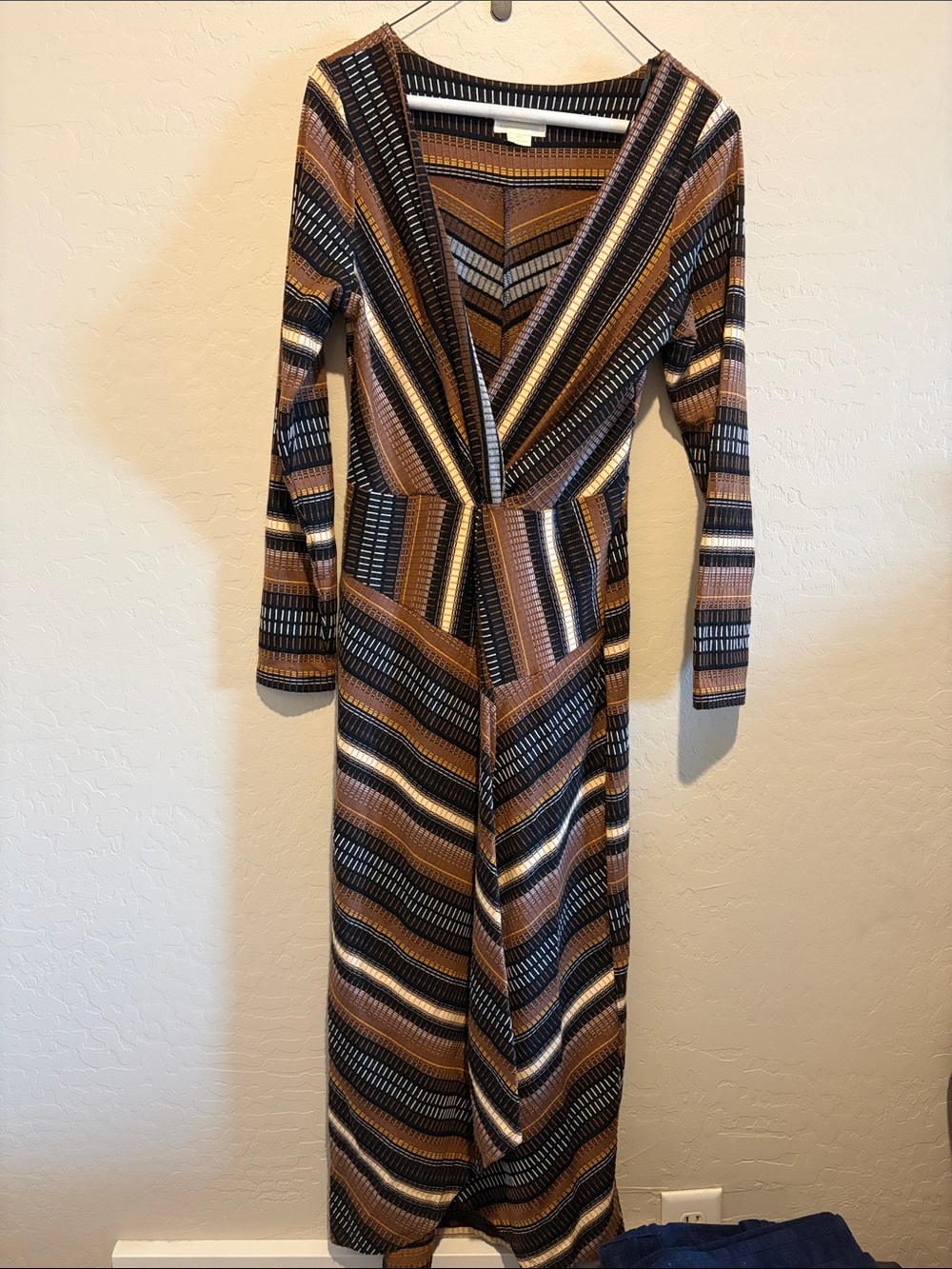 Maeve Brown, Black and Cream Striped V-Neck Long Sleeve Midi Dress
